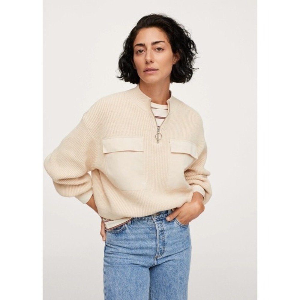 Mango sweater with half zip and front pocket detail in beige new with tag